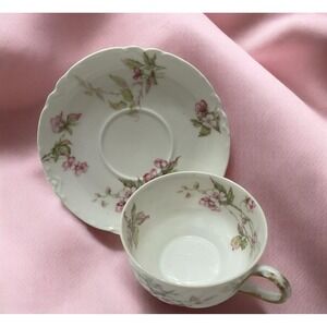 Haviland & Co Limoges‎ Tea Coffee Cup & Saucer Set Pink White Floral China VTG